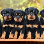 5 Rottweiler Welpen auf einem Tisch im Sommer